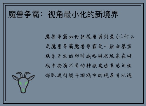 魔兽争霸：视角最小化的新境界